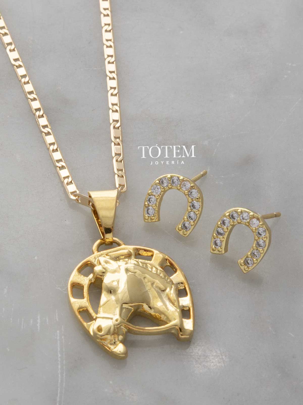 Combo Cadena espejo 45cm + Dije caballo + Aretas Equino herradura