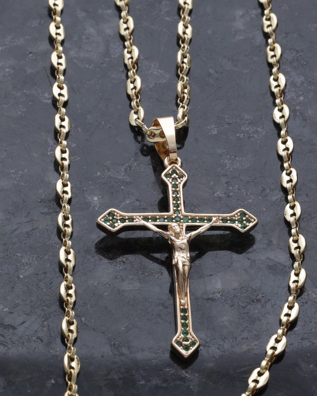 Combo Cadena GCCI 65cm + Cruz Cristo circonias verde