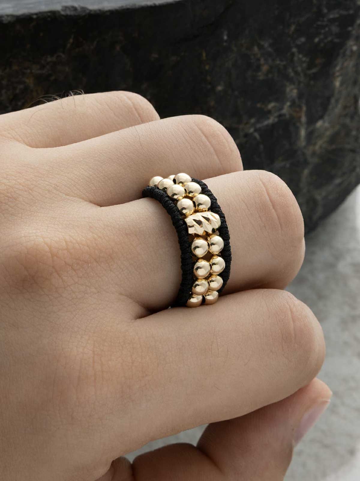 Anillo tejido Barril diamantado y balin 4mm