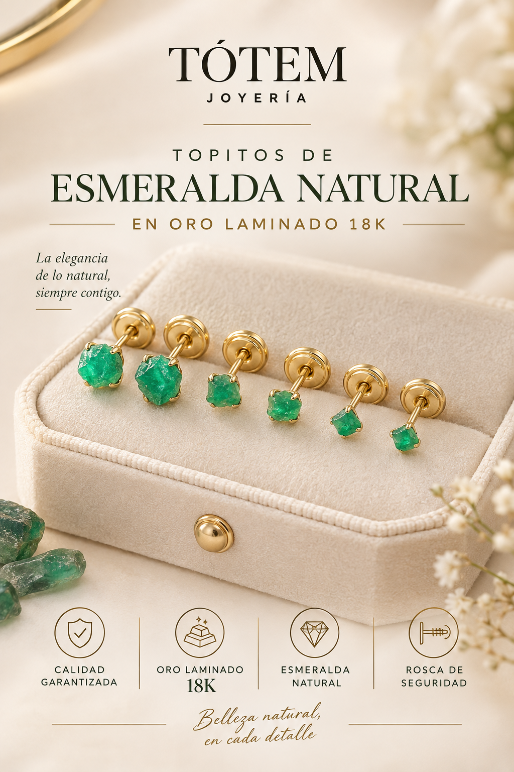 Aretes Esmeralda Natural + Empaque con Luz